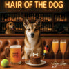 Norwegian Lundehund 016 sitting at a bar with drinks and a cake, with 'Hair of the Dog' sign above.