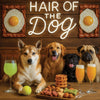 Norwegian Lundehund 017 Four dogs around a table with drinks and food, with 'Hair of the Dog' text above.