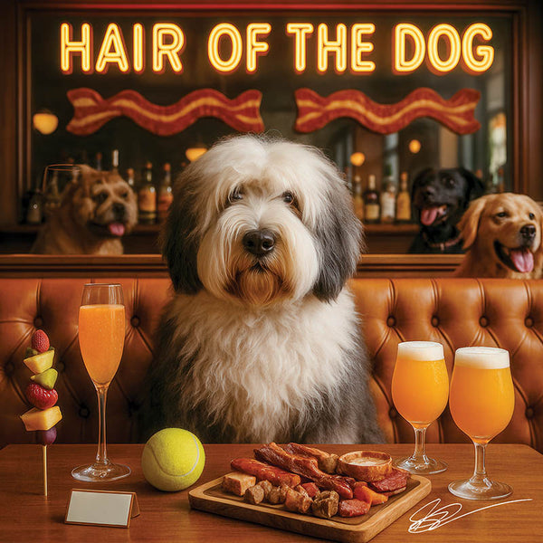Hair of the Dog Old English Sheepdog 001 Ruff & Ready Funny Canine Art neon lights, bacon-woven flair, and egg murals