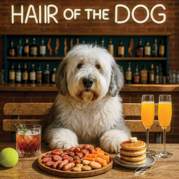 Hair of the Dog Old English Sheepdog 007 Ruff & Ready Funny Canine Art neon lights, bacon-woven flair, and egg murals