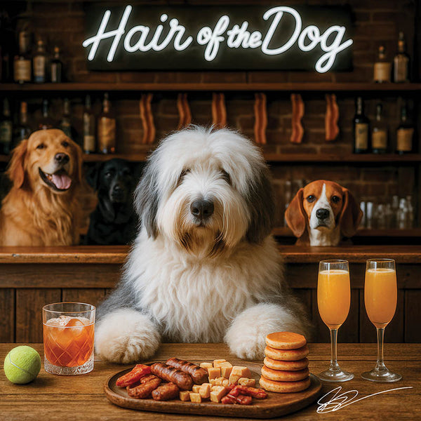 Hair of the Dog Old English Sheepdog 012 Ruff & Ready Funny Canine Art neon lights, bacon-woven flair, and egg murals