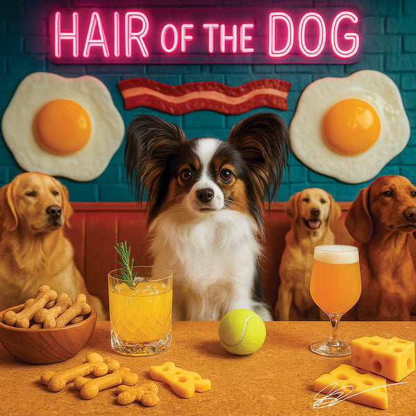 Hair of the Dog Papillon 002 Ruff & Ready Funny Canine Art neon lights, bacon-woven flair, and egg murals