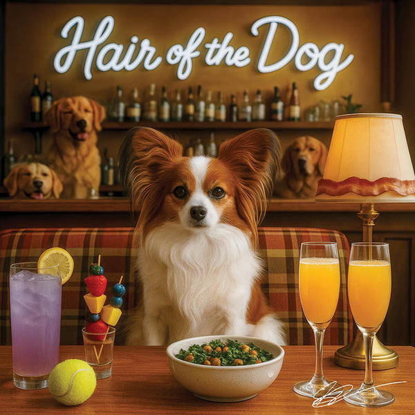 Hair of the Dog Papillon 003 Ruff & Ready Funny Canine Art neon lights, bacon-woven flair, and egg murals