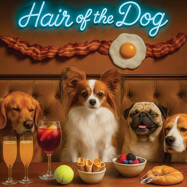 Hair of the Dog Papillon 007 Ruff & Ready Funny Canine Art neon lights, bacon-woven flair, and egg murals