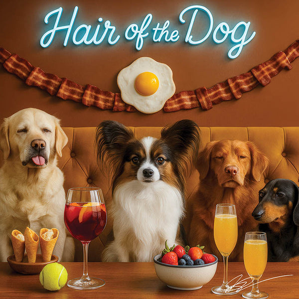 Hair of the Dog Papillon 014 Ruff & Ready Funny Canine Art neon lights, bacon-woven flair, and egg murals