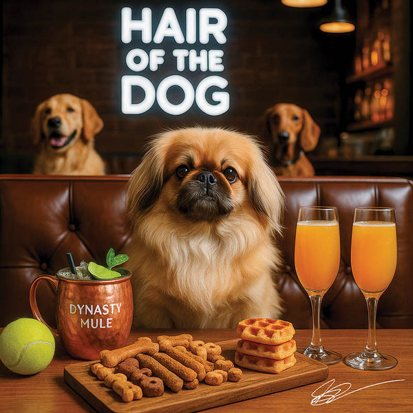 Hair of the Dog Pekingese 024 Ruff & Ready Funny Canine Art neon lights, bacon-woven flair, and egg murals