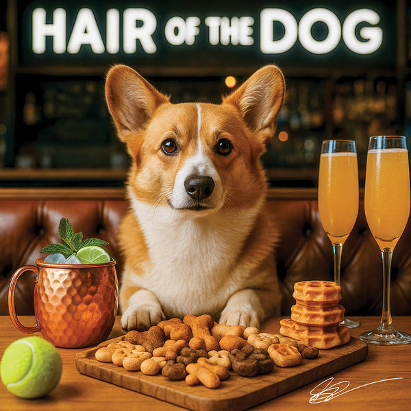 Hair of the Dog Pembroke Welsh Corgi 003 Ruff & Ready Funny Canine Art neon lights, bacon-woven flair, and egg murals