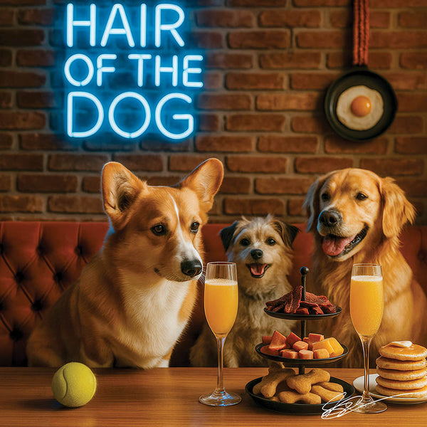 Hair of the Dog Pembroke Welsh Corgi 007 Ruff & Ready Funny Canine Art neon lights, bacon-woven flair, and egg murals