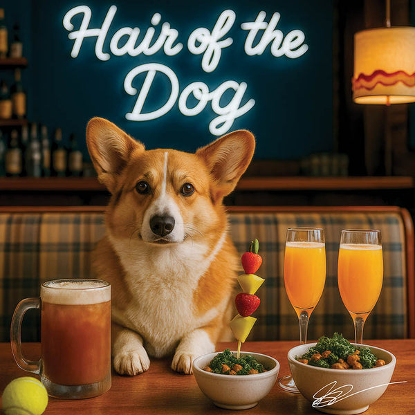 Hair of the Dog Pembroke Welsh Corgi 013 Ruff & Ready Funny Canine Art neon lights, bacon-woven flair, and egg murals