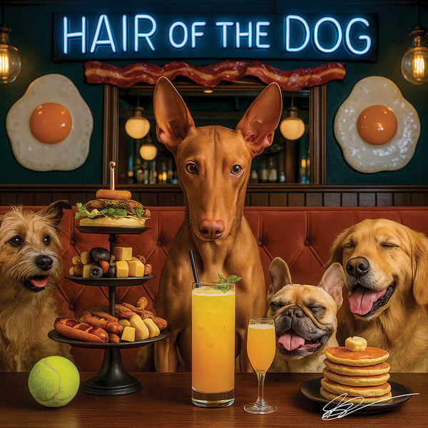 Hair of the Dog Pharaoh Hound 002 Ruff & Ready Funny Canine Art neon lights, bacon-woven flair, and egg murals