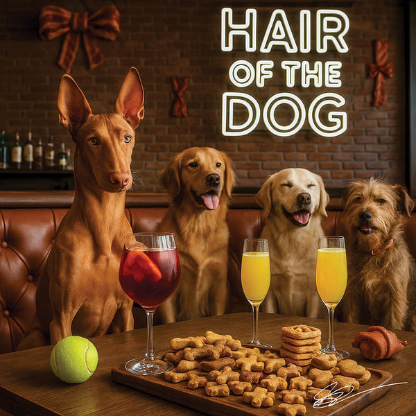 Hair of the Dog Pharaoh Hound 003 Ruff & Ready Funny Canine Art neon lights, bacon-woven flair, and egg murals