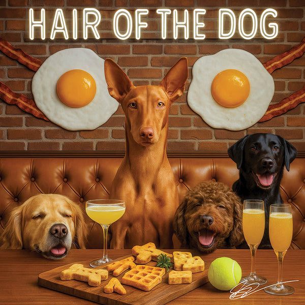 Hair of the Dog Pharaoh Hound 008 Ruff & Ready Funny Canine Art neon lights, bacon-woven flair, and egg murals