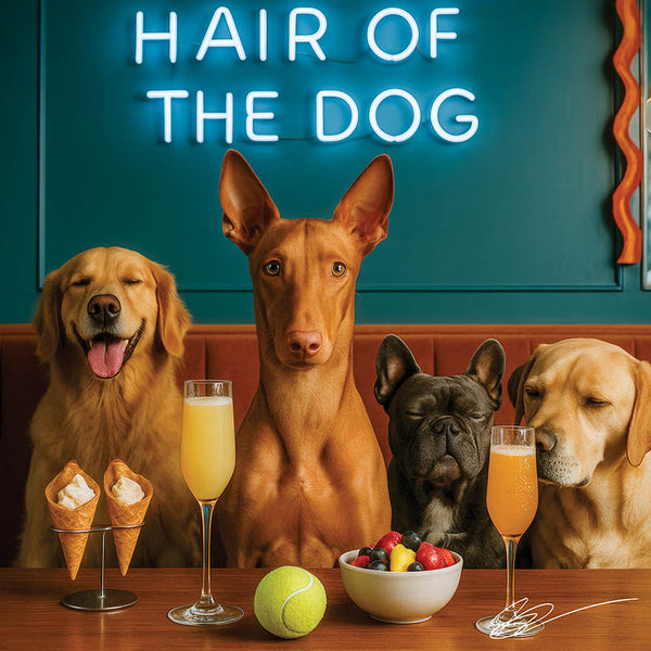 Hair of the Dog Pharaoh Hound 012 Ruff & Ready Funny Canine Art neon lights, bacon-woven flair, and egg murals