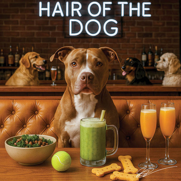 Hair of the Dog Pit Bull 001 Ruff & Ready Funny Canine Art neon lights, bacon-woven flair, and egg murals