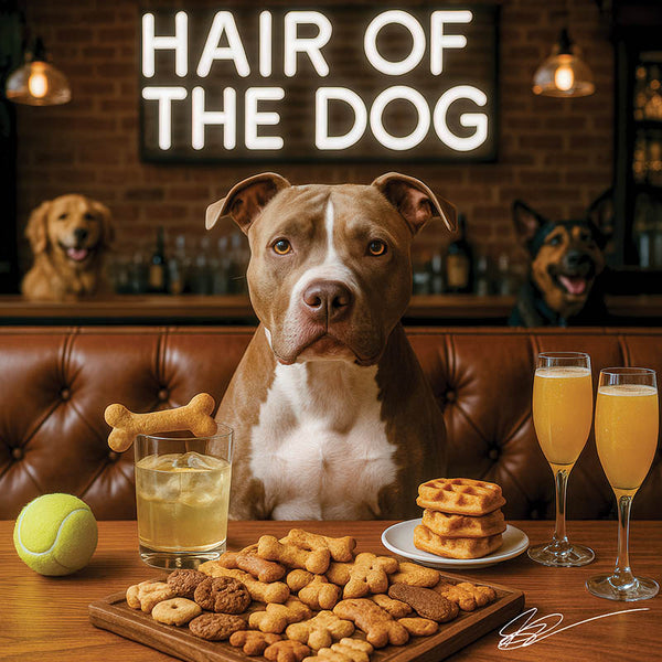 Hair of the Dog Pit Bull 009 Ruff & Ready Funny Canine Art neon lights, bacon-woven flair, and egg murals