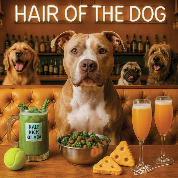 Hair of the Dog Pit Bull 010 Ruff & Ready Funny Canine Art neon lights, bacon-woven flair, and egg murals