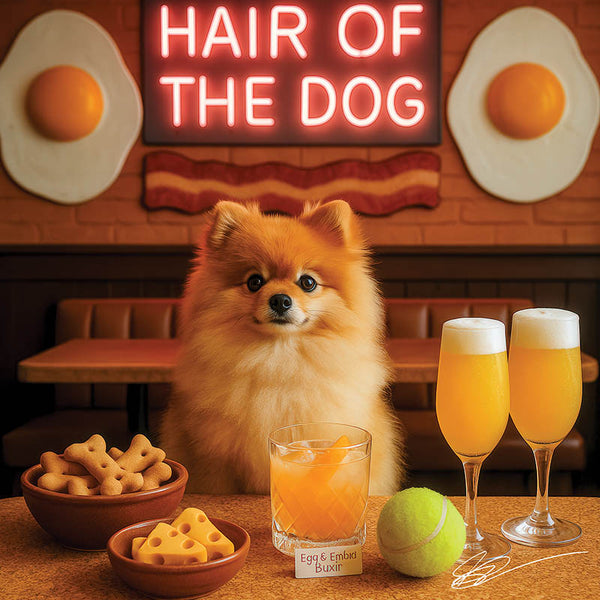 Hair of the Dog Pomeranian 001 Ruff & Ready Funny Canine Art neon lights, bacon-woven flair, and egg murals