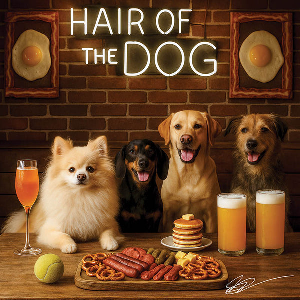 Hair of the Dog Pomeranian 011 Ruff & Ready Funny Canine Art neon lights, bacon-woven flair, and egg murals