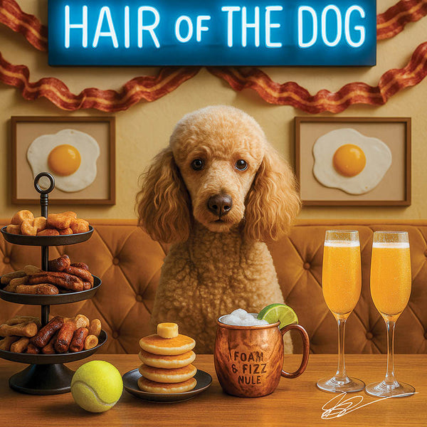 Hair of the Dog Poodle 005 Ruff & Ready Funny Canine Art neon lights, bacon-woven flair, and egg murals