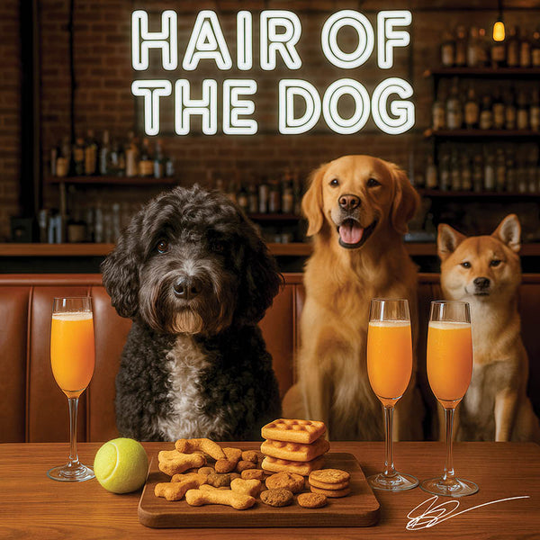 Hair of the Dog Portuguese Water Dog 002 Ruff & Ready Funny Canine Art neon lights, bacon-woven flair, and egg murals
