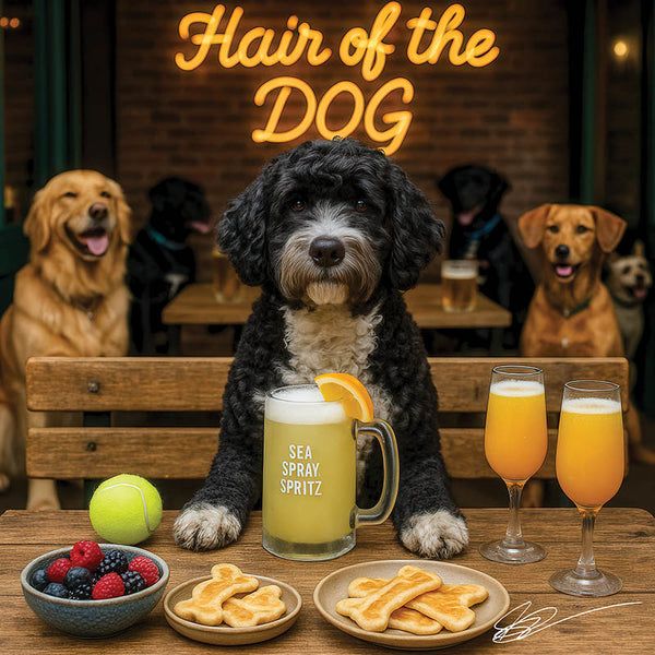 Hair of the Dog Portuguese Water Dog 004 Ruff & Ready Funny Canine Art neon lights, bacon-woven flair, and egg murals