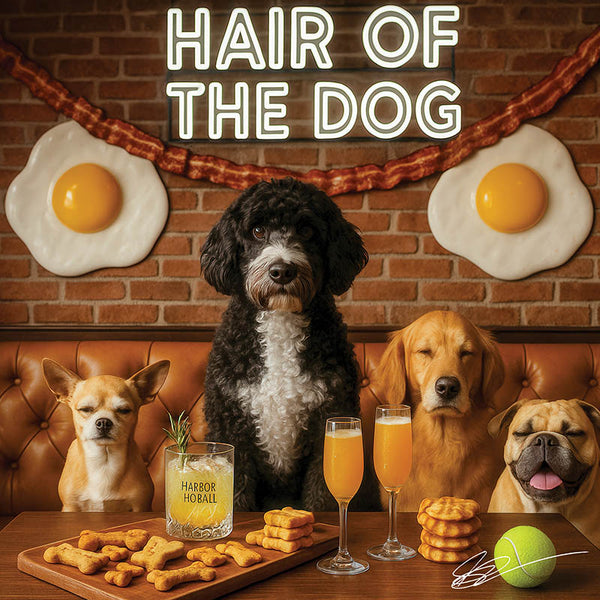 Hair of the Dog Portuguese Water Dog 009 Ruff & Ready Funny Canine Art neon lights, bacon-woven flair, and egg murals