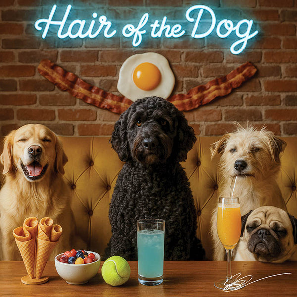 Hair of the Dog Portuguese Water Dog 012 Ruff & Ready Funny Canine Art neon lights, bacon-woven flair, and egg murals