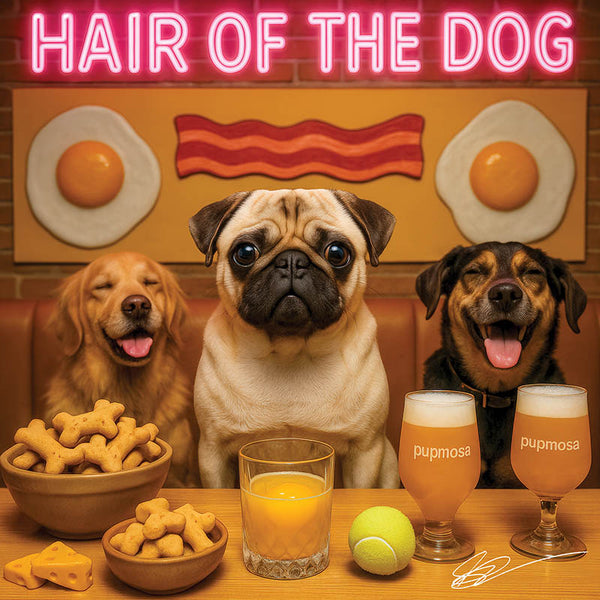 Hair of the Dog Pug 002 Ruff & Ready Funny Canine Art neon lights, bacon-woven flair, and egg murals