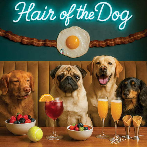 Hair of the Dog Pug 003 Ruff & Ready Funny Canine Art neon lights, bacon-woven flair, and egg murals
