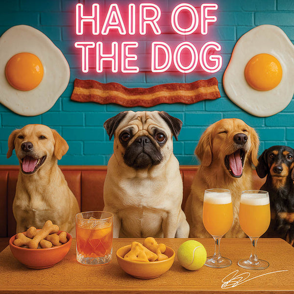 Hair of the Dog Pug 010 Ruff & Ready Funny Canine Art neon lights, bacon-woven flair, and egg murals