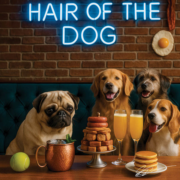 Hair of the Dog Pug 013 Ruff & Ready Funny Canine Art neon lights, bacon-woven flair, and egg murals