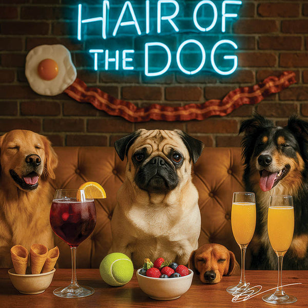 Hair of the Dog Pug 014 Ruff & Ready Funny Canine Art neon lights, bacon-woven flair, and egg murals
