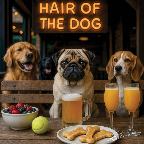 Hair of the Dog Pug 015 Ruff & Ready Funny Canine Art neon lights, bacon-woven flair, and egg murals