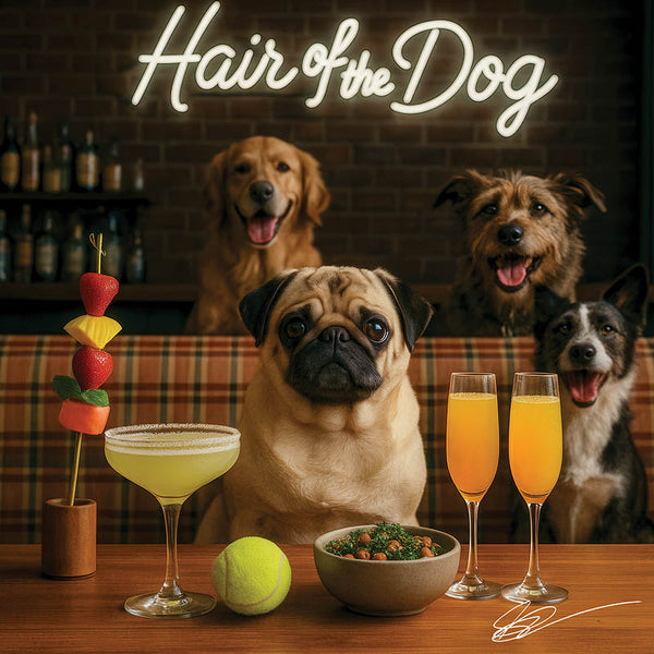 Hair of the Dog Pug 016 Ruff & Ready Funny Canine Art neon lights, bacon-woven flair, and egg murals