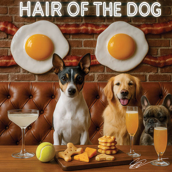 Hair of the Dog Rat Terrier 001 Ruff & Ready Funny Canine Art neon lights, bacon-woven flair, and egg murals