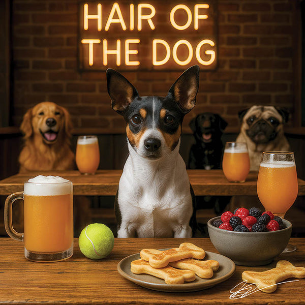 Hair of the Dog Rat Terrier 002 Ruff & Ready Funny Canine Art neon lights, bacon-woven flair, and egg murals