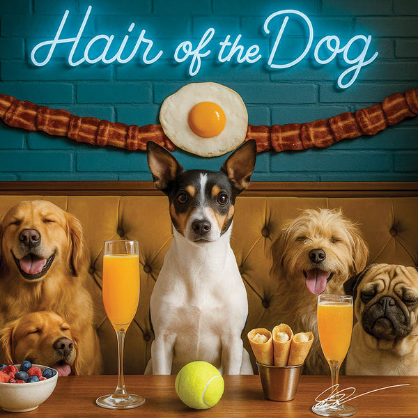 Hair of the Dog Rat Terrier 007 Ruff & Ready Funny Canine Art neon lights, bacon-woven flair, and egg murals
