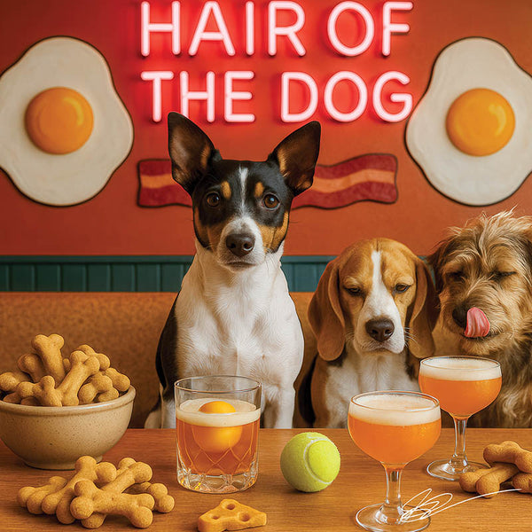 Hair of the Dog Rat Terrier 011 Ruff & Ready Funny Canine Art neon lights, bacon-woven flair, and egg murals