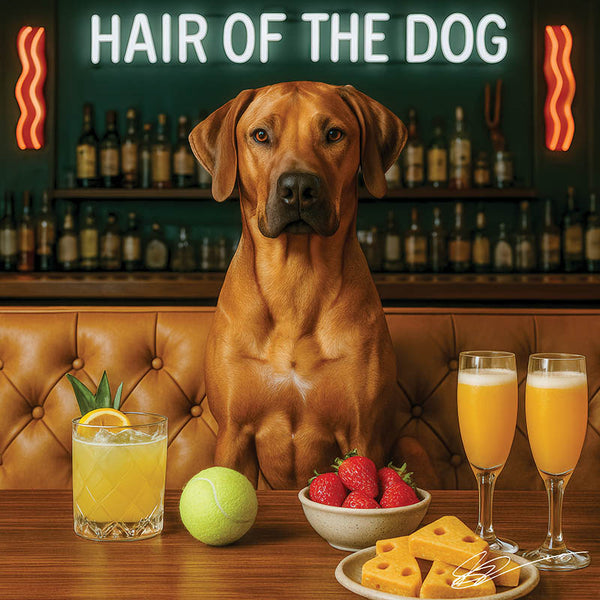 Hair of the Dog Rhodesian Ridgeback 008 Ruff & Ready Funny Canine Art neon lights, bacon-woven flair, and egg murals