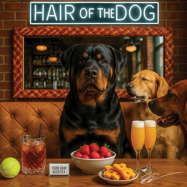 Hair of the Dog Rottweiler 001 Ruff & Ready Funny Canine Art neon lights, bacon-woven flair, and egg murals