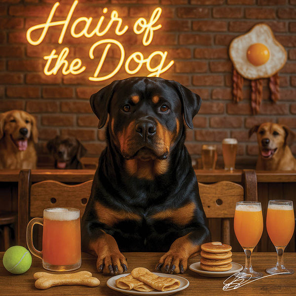 Hair of the Dog Rottweiler 011 Ruff & Ready Funny Canine Art neon lights, bacon-woven flair, and egg murals