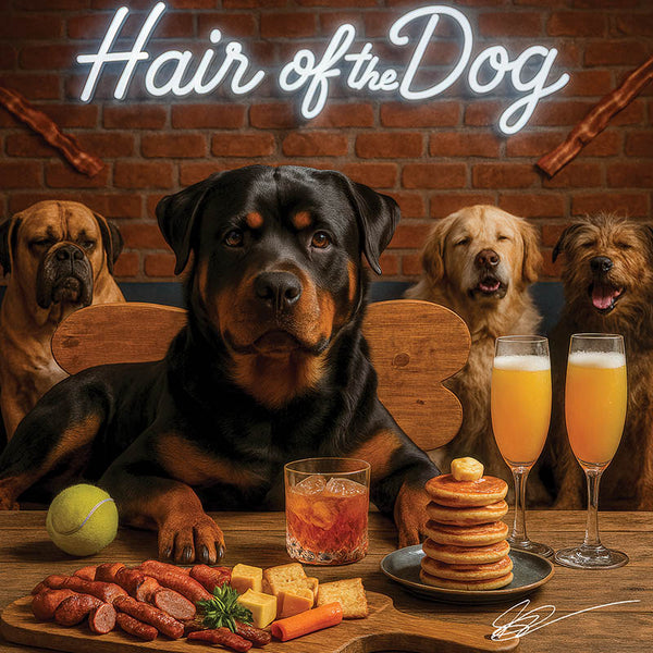 Hair of the Dog Rottweiler 013 Ruff & Ready Funny Canine Art neon lights, bacon-woven flair, and egg murals