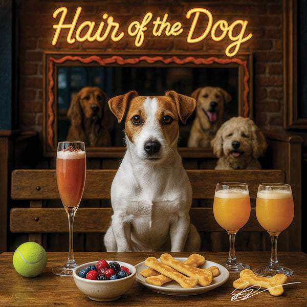 Hair of the Dog Russell Terrier 003 Ruff & Ready Funny Canine Art neon lights, bacon-woven flair, and egg murals