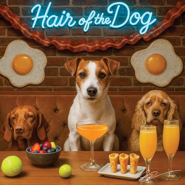 Hair of the Dog Russell Terrier 005 Ruff & Ready Funny Canine Art neon lights, bacon-woven flair, and egg murals