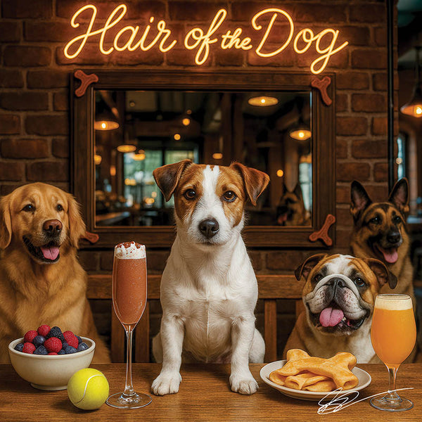 Hair of the Dog Russell Terrier 008 Ruff & Ready Funny Canine Art neon lights, bacon-woven flair, and egg murals