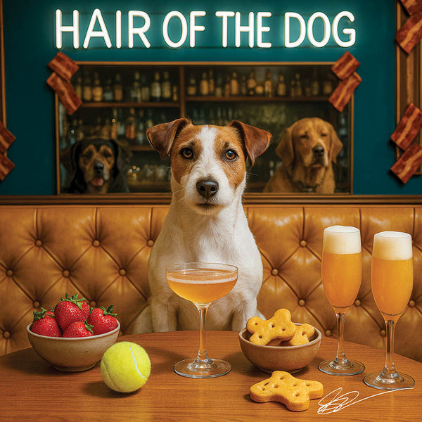 Hair of the Dog Russell Terrier 014 Ruff & Ready Funny Canine Art neon lights, bacon-woven flair, and egg murals