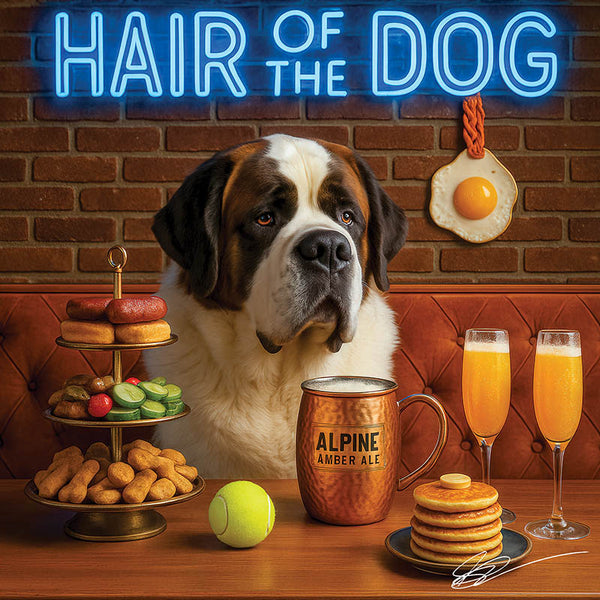Hair of the Dog Saint Bernard 001 Ruff & Ready Funny Canine Art neon lights, bacon-woven flair, and egg murals