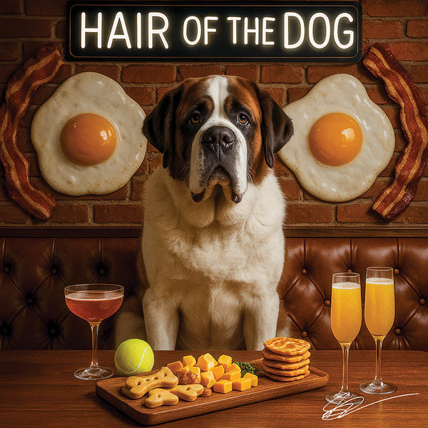 Hair of the Dog Saint Bernard 008 Ruff & Ready Funny Canine Art neon lights, bacon-woven flair, and egg murals