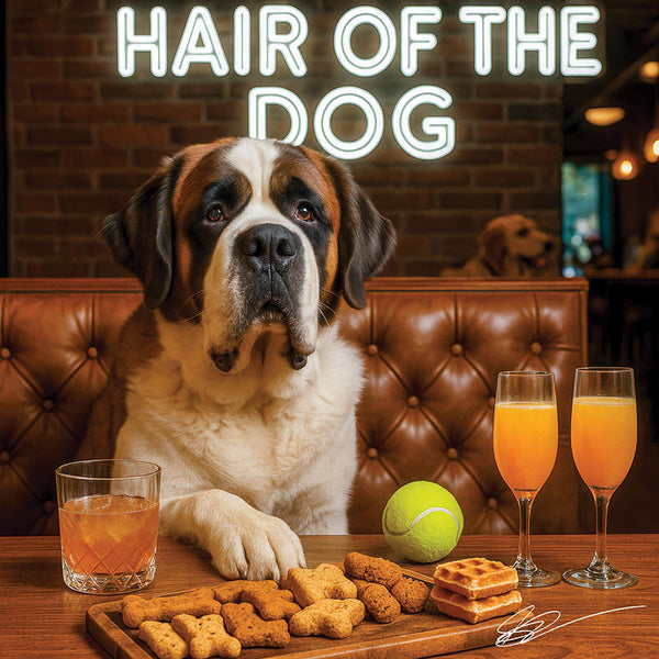 Hair of the Dog Saint Bernard 013 Ruff & Ready Funny Canine Art neon lights, bacon-woven flair, and egg murals