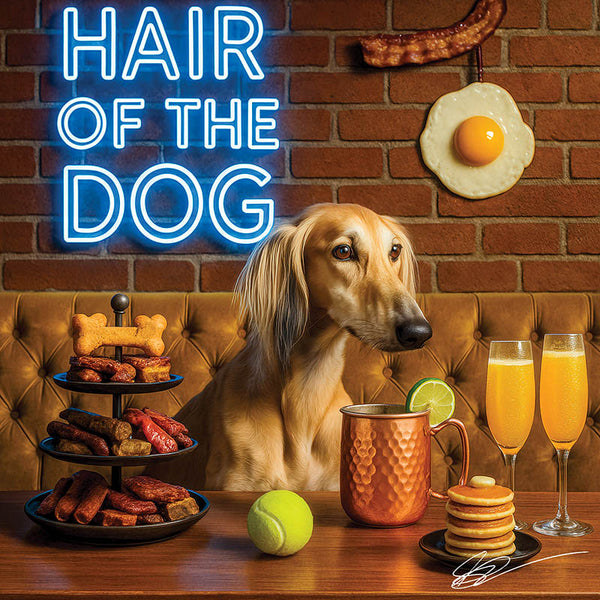 Hair of the Dog Saluki 001 Ruff & Ready Funny Canine Art neon lights, bacon-woven flair, and egg murals